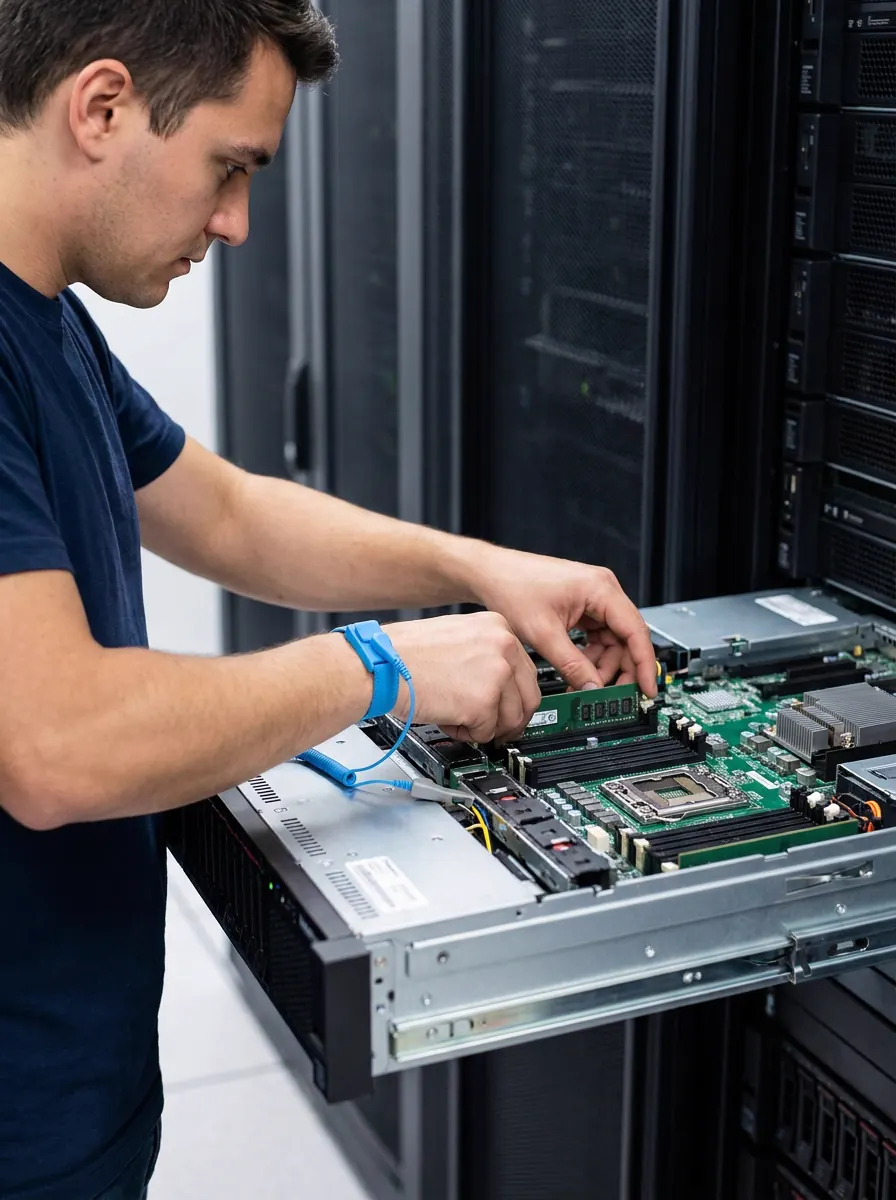 IT engineer performing server memory replacement and hardware maintenance
