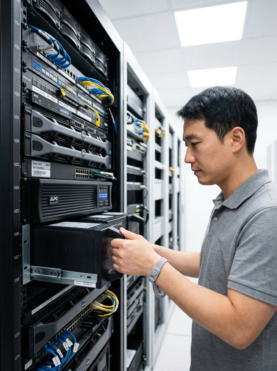 Engineer servicing APC UPS unit in enterprise data centre rack