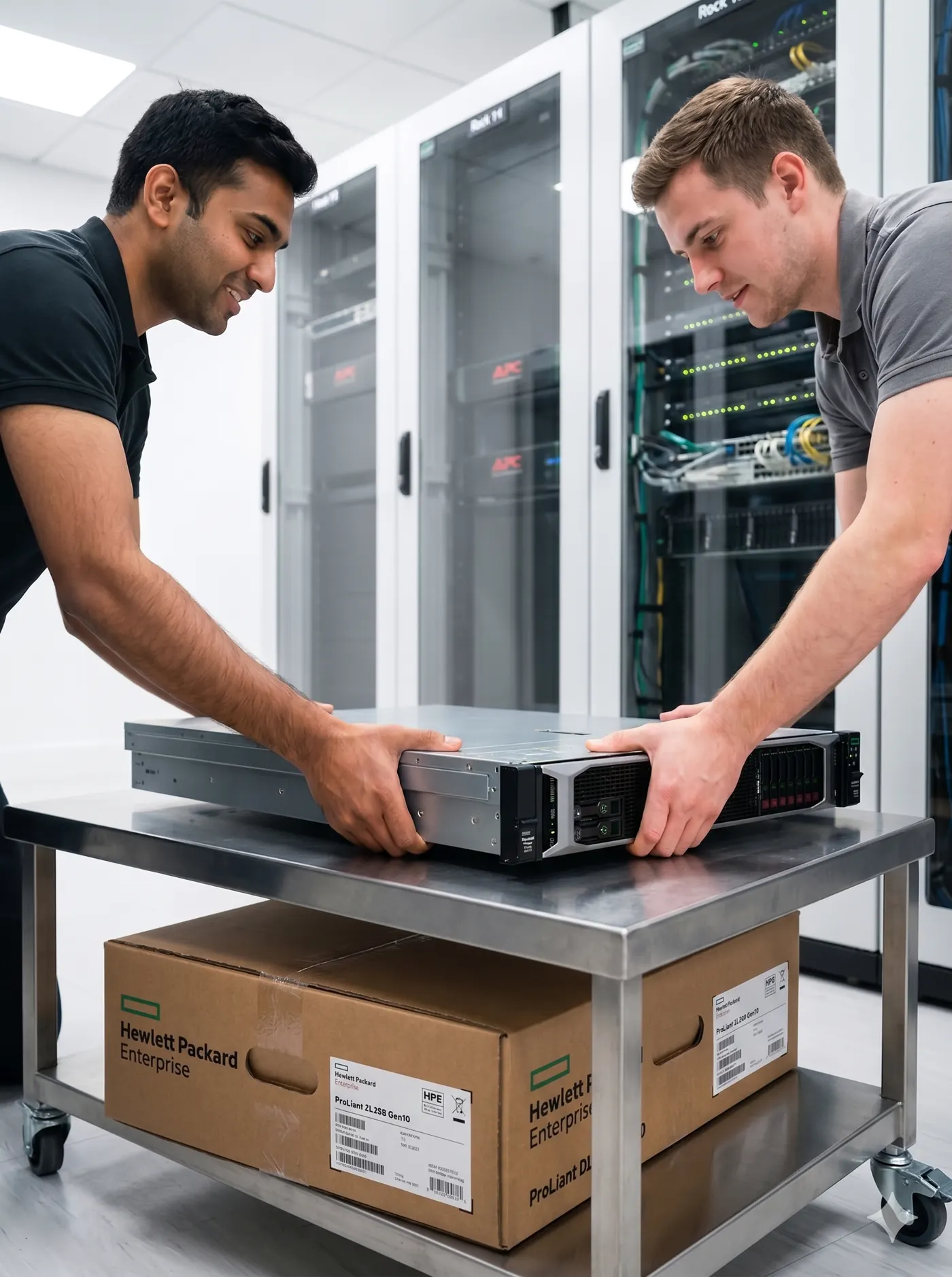 Two IT engineers installing HPE ProLiant server hardware during asset deployment