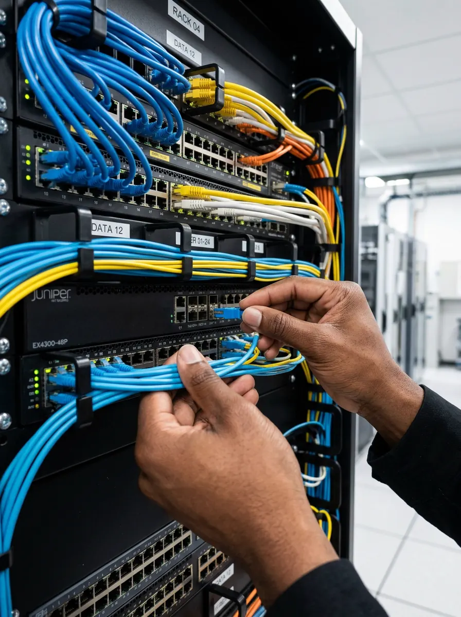 Network engineer connecting fibre cables to Juniper enterprise switch