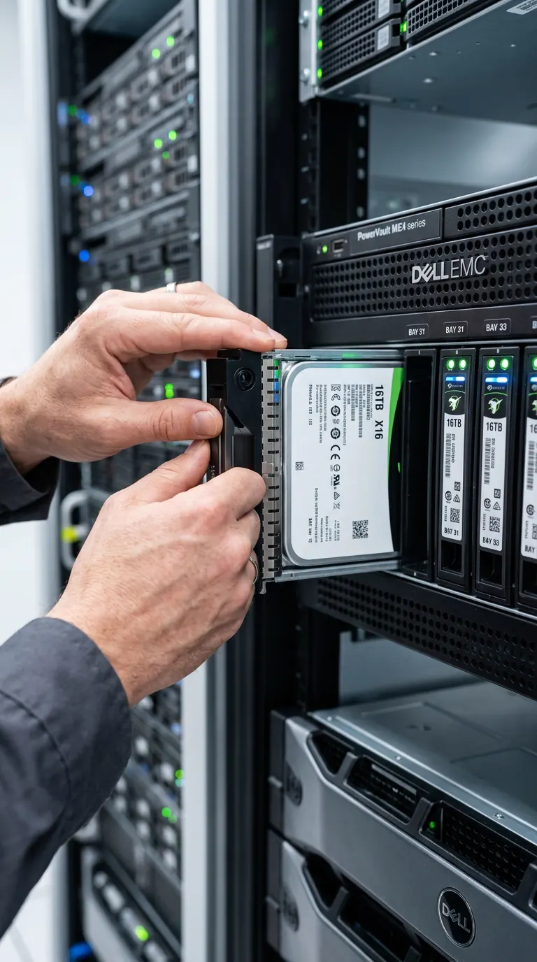 Engineer hand removing enterprise storage drive from Dell EMC array