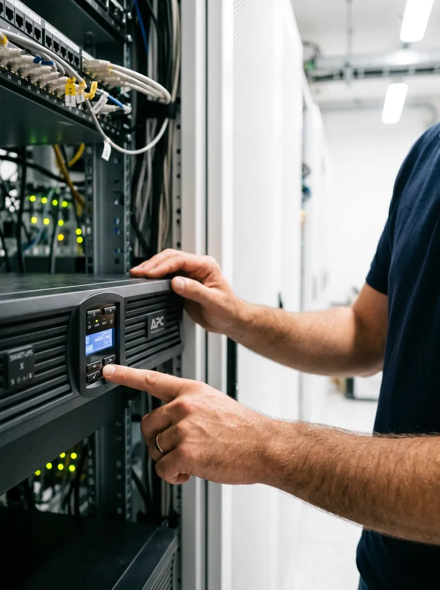 Engineer performing data centre site audit and health check on APC UPS